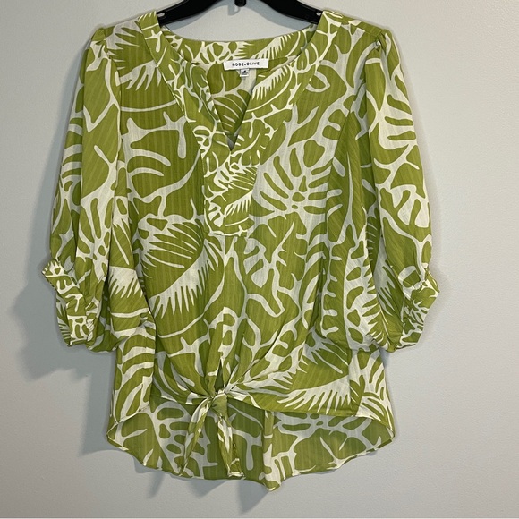 Rose & Olive Tops - Rose & Olive Green and White Leaf Print Blouse
